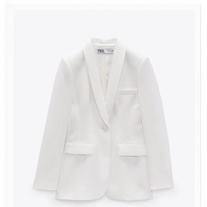 White Zara blazer with tuxedo collar.